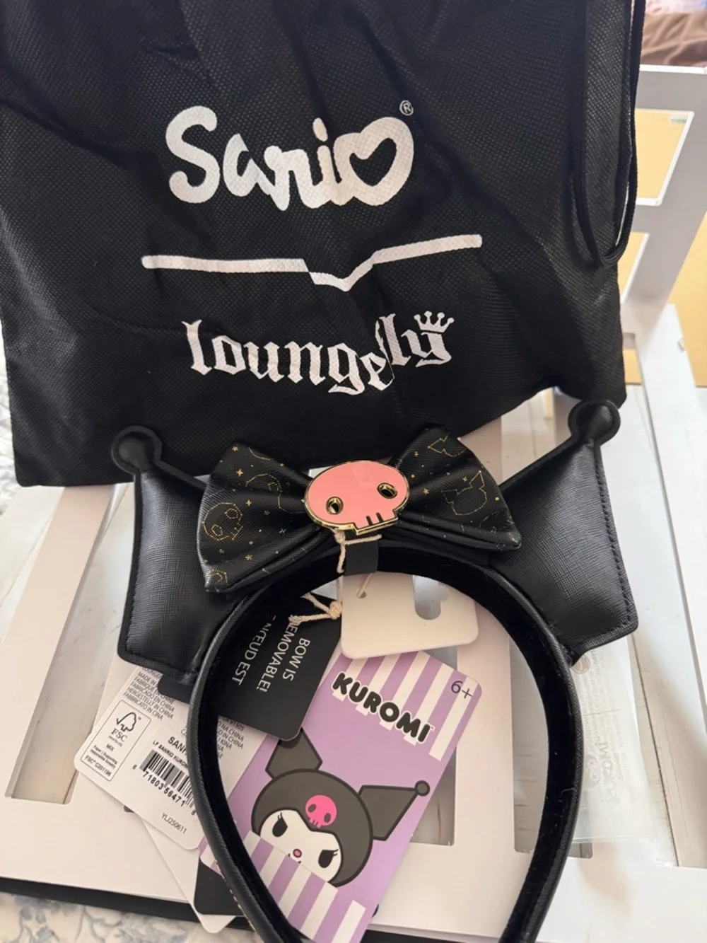 Loungefly Black Cat Ear Headband with Pink and Gold Bow